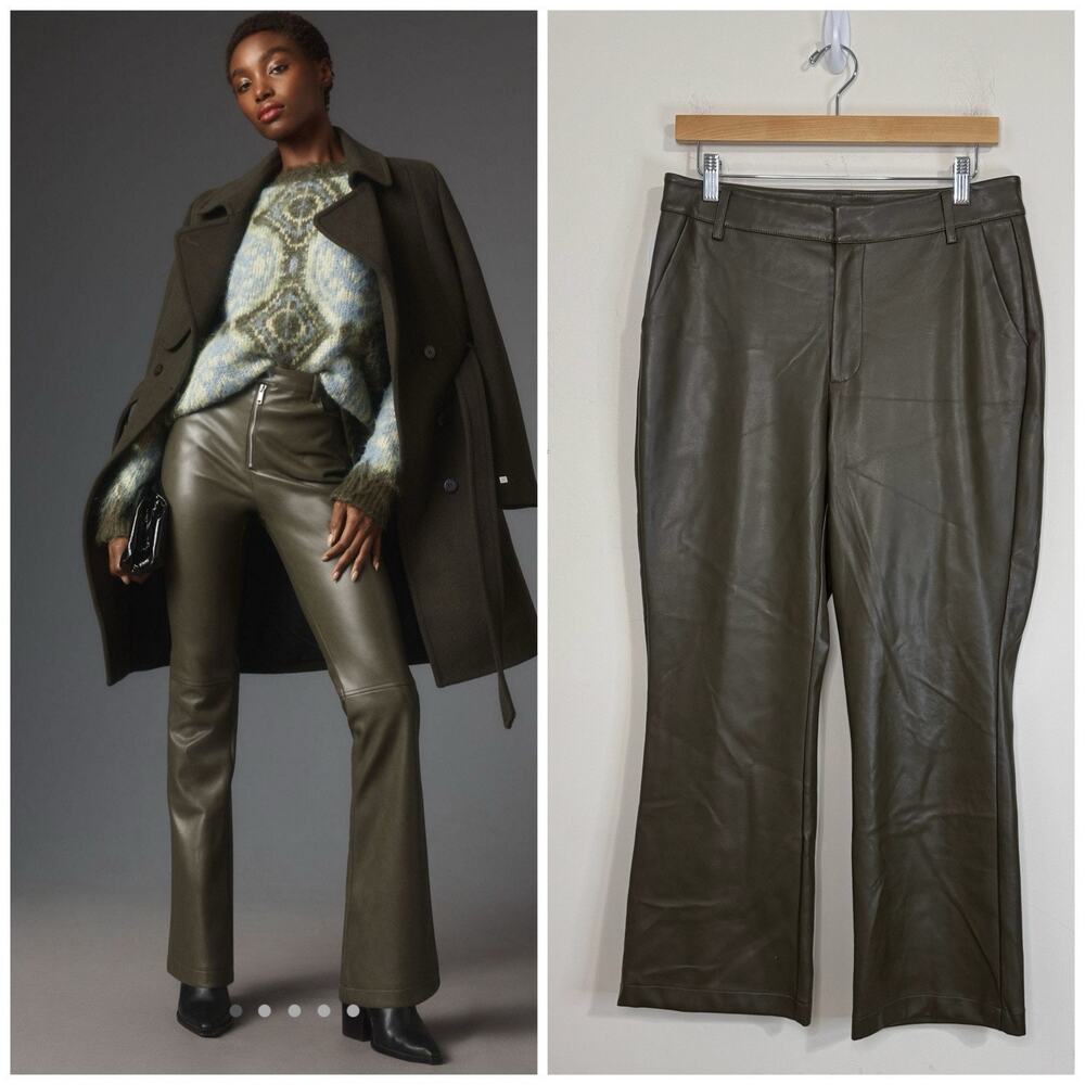 Anthropologie Avec Les Filles Faux Leather Kick-Flare Pants Size M Green